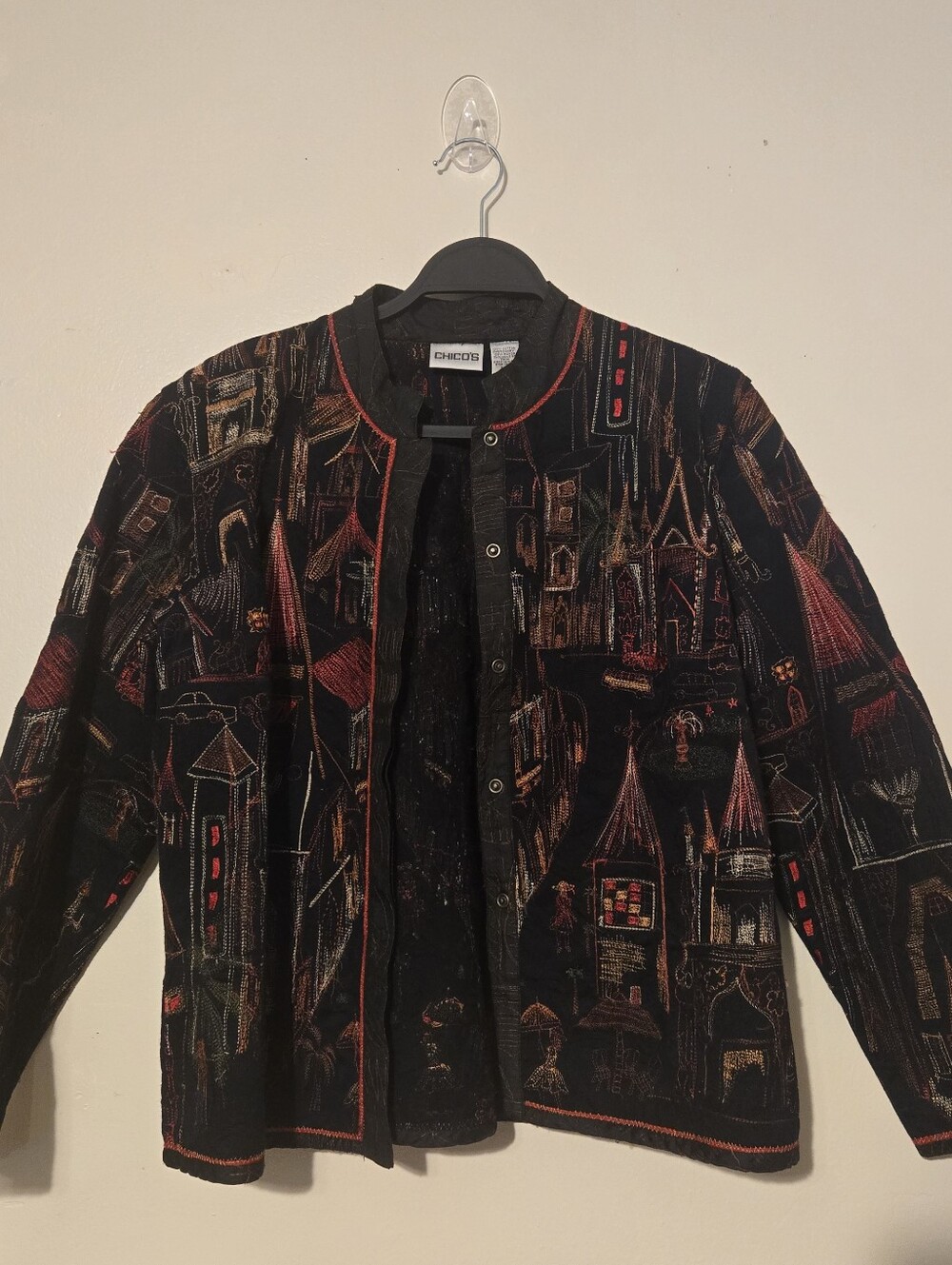 Chico's Vintage Embroidered Town Cityscape Jacket Black Size 1